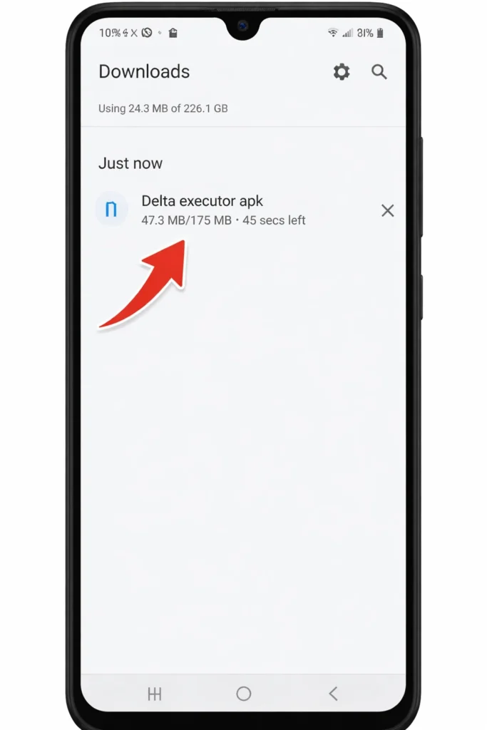 Delta executor APK file visible in Android downloads folder with arrow indicator