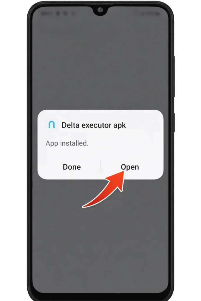 Delta executor installed screen with arrow pointing to Open button